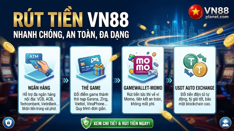 các kênh Rút Tiền VN88 - Ngân Hàng, Thẻ Game, GamewalletMomo, USDT Auto Exchange